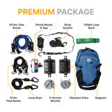 Premium Package comes with Strap System, Olympus Grips, 100 lbs Loop Band, Phone Mount & App, X-Anchor Mounts, a Backpack, Jump Rope, 10 lbs Tube Bands and 50 lbs Tube Bands