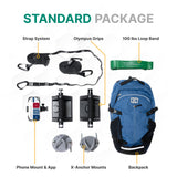 Standard Package comes with Strap System, Olympus Grips, 100 lbs Loop Band, Phone Mount & App, X-Anchor Mounts and a Backpack